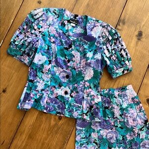 VTG 80s Positive Attitude Floral Skirt Set w Panel Grid Short Sleeves